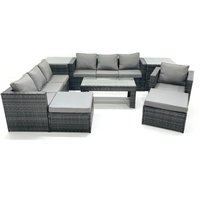 Fimous 9 Seater Rattan Garden Outdoor Furniture Set with 3 Seater Sofa Coffee Table 2 Big Footstool 2 Side tables in Dark Grey