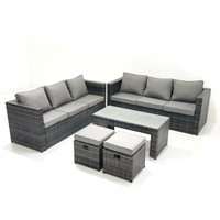 Fimous Garden Outdoor Rattan Furniture Set with Sofa Coffee table 2 Small Footstools Dark Grey Mixed