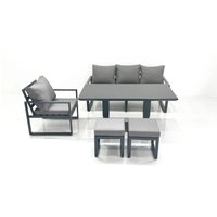 Fimous Outdoor Aluminium Garden Furniture Set with Adjustable Rising Lifting Dining Table 3 Seater Sofa Chair 2 Small Footstools Dark Grey