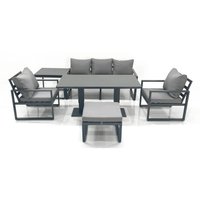 Fimous Outdoor Aluminium Garden Furniture Set with Adjustable Rising Lifting Dining Table 3 Seater Sofa 2 Chair Big Footstool Side Table Dark Grey