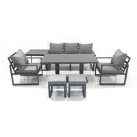 Fimous Outdoor Aluminium Garden Furniture Set w/ Adjustable Rising Lifting Dining Table 3 Seater Sofa 2 Chair 2 Small Footstools Side Table Dark Grey