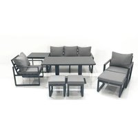 Fimous 8 Seater Aluminium Outdoor Garden Furniture Set w/ Adjustable Rising Lifting Dining Table 3 Seater Sofa 2 Chair 3 Footstool Side Table Dark