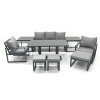 Fimous 8 Seater Aluminium Outdoor Garden Furniture Set w/ Adjustable Rising Lifting Dining Table 3 Seater Sofa 2 Chair 3 Footstool 2 Side Tables Dark