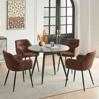 SONARA Grey Marble Round Dining Table with 4 Faux Suede Dining Chairs Set in Brown