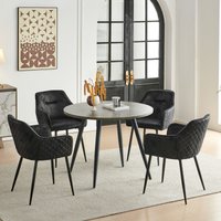 SONARA Grey Marble Round Dining Table with 4 Faux Suede Dining Chairs Set in Black