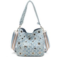 Fontanella Fashion Women's Denim Hole Punch Hobo Shoulder Bag & Pouch 2-in-1 with Three-Tone Glitter Strap in Light Blue