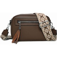 Fontanella Fashion Women's Quadruple Zipped PU Leather Tassel Crossbody Camera Bag with Canvas Strap in Taupe