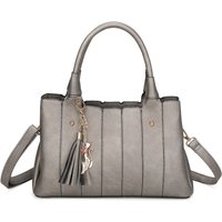 Fontanella Fashion Women's Katze Striped PU Leather Tote Shoulder Handbag with Kitten Charm in Metallic Silver