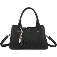 Fontanella Fashion Women's Katze Striped PU Leather Tote Shoulder Handbag with Kitten Charm in Black
