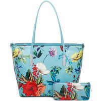 Fontanella Fashion Women's Fleur Glossy Flower Print Shoulder Tote Bag & Purse 2 in 1 in Light Blue