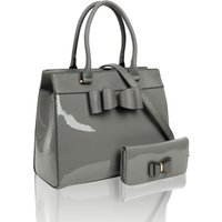 Fontanella Fashion Women's Elegante 2in1 PU Patent Leather Handbag & Purse with Bow in Dark Grey