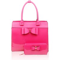 Fontanella Fashion Women's Elegante 2in1 PU Patent Leather Handbag & Purse with Bow in Fuchsia
