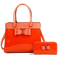 Fontanella Fashion Women's Elegante 2in1 PU Patent Leather Handbag & Purse with Bow in Orange