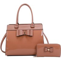 Fontanella Fashion Women's Elegante 2in1 PU Patent Leather Handbag & Purse with Bow in Brown
