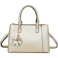 Fontanella Fashion Women's Velvet PU Leather Triple Compartment Shoulder Tote Bag With Dog Charm in Gold