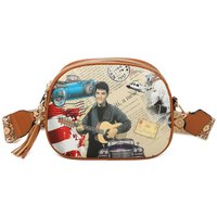 Fontanella Fashion Women's Elvis Printed Triple Compartment Convas Strap Tassel Bag in Tan