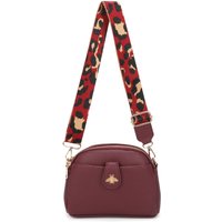 Fontanella Fashion Women's Monarch Bee Badge Multi-pocket Crossbody Bag with Leopard Canvas Strap in Burgundy