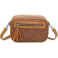 Fontanella Fashion Women's Classic Quadruple Zipped Soft Suede Tassel Crossbody Camera Bag in Brown