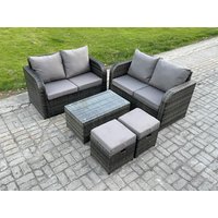 Fimous Rattan Garden Furniture Set 6 Seater Patio Outdoor Lounge Sofa Set with Rectangular Coffee Table 2 Small Footstools in Dark Grey