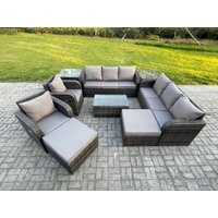 Fimous 10 Seater Rattan Outdoor Garden Furniture Sofa Set Patio Table & Chairs Set with 3 Seater Sofa Reclining Chair 2 Big Footstool 2 Side Tables