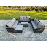 Fimous Rattan Lounge Sofa Set 10 Seater Outdoor Garden Furniture Set with Rectangular Coffee Table 3 Seater Sofa Big Footstool in Dark Grey