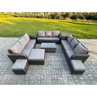 Fimous Rattan Lounge Sofa Set 12 Seater Outdoor Garden Furniture Set with Rectangular Coffee Table 3 Seater Sofa Side Table 3 Footstools in Dark Grey