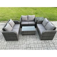Fimous Outdoor Garden Furniture Sets 6 Seater Wicker Rattan Furniture Sofa Sets with Rectangular Coffee Table Love Sofa Side Table in Dark Grey