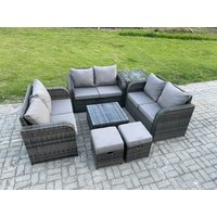 Fimous Outdoor Garden Furniture Sets 8 Seater Wicker Rattan Furniture Sofa Sets with Square Coffee Table Love seat Sofa 2 Small Footstools