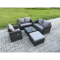 Fimous 5 Piece Garden Furniture Sets 6 Seater Outdoor Patio Furniture Set Weaving Wicker Rattan Sofa Chair & Table with Big Footstool in Dark Grey