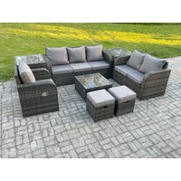Fimous Indoor Outdoor Rattan Garden Furniture 8 Seater Set Table Sofa Chair Patio Conservatory with Grey Cushions 2 Small Footstools in Dark Grey