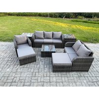 Fimous Indoor Outdoor Rattan Garden Furniture 8 Seater Set Table Sofa Chair Conservatory with Grey Cushions 2 Big Footstool in Dark Grey