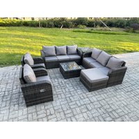 Fimous High Back Rattan Garden Furniture Set with Coffee Table Big Footstool Side Table Indoor Outdoor Patio Lounge Sofa Set Dark Grey Mixed