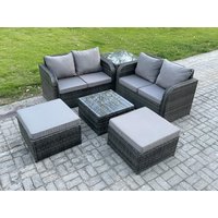 Fimous 6 Seater High Back Rattan Garden Furniture Set with Square Coffee Table 2 Big Footstool Love Sofa Indoor Outdoor Patio Lounge Sofa Set