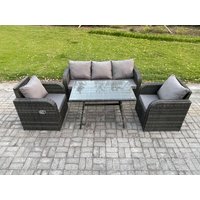 Fimous Rattan Wicker Garden Furniture Patio Conservatory Sofa Set with Rectangular Dining Table Reclining Chair in Dark Grey