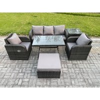 Fimous Rattan Wicker Garden Furniture Patio Conservatory Sofa Set with Dining Table Reclining Chair Big Footstool in Dark Grey