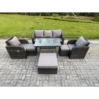 Fimous 8 Seater Rattan Wicker Garden Furniture Patio Conservatory Sofa Set with Rectangular Dining Table Reclining Chair in Dark Grey