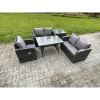 Fimous 5 Pieces Outdoor Garden Dining Sets Rattan Furniture With Dining Table Armchairs Love Sofa Side Table Dark Grey Mixed