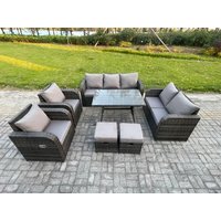 Fimous Outdoor Rattan Garden Furniture Set 9 Seater Patio Lounge Sofa Set with Dining Table 2 Small Footstools Dark Grey Mixed