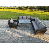 Fimous Outdoor Lounge Sofa Set Wicker PE Rattan Garden Furniture Set with Rectangular Dining Table Reclining Chair Side Table Dark Grey Mixed