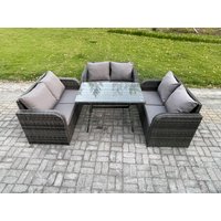 Fimous Rattan Garden Furniture Set 6 Seater Patio Outdoor Love Sofa Set with Rectangular Dining Table Dark Grey Mixed