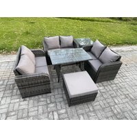 Fimous Rattan Garden Furniture Set 7 Seater Patio Outdoor Love Sofa Set with Rectangular Dining Table Big Footstool Side Table in Dark Grey