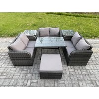 Fimous Rattan Garden Furniture Set 7 Seater Patio Outdoor Love Sofa Set with Rectangular Dining Table 2 Side Tables Dark Grey Mixed