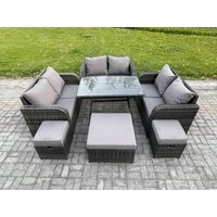 Fimous Outdoor Rattan Garden Furniture Set 9 Seater Patio Love Sofa Set with Rectangular Dining Table 3 Footstools Dark Grey Mixed