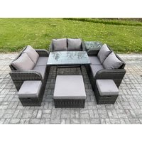 Fimous Outdoor Rattan Garden Furniture Set 9 Seater Patio Love Sofa Set with Rectangular Dining Table 3 Footstools Side Table in Dark Grey
