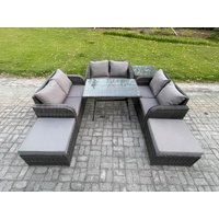 Fimous Outdoor Rattan Garden Furniture Set 8 Seater Patio Love Sofa Set with Rectangular Dining Table 2 Big Footstool Side Table in Dark Grey