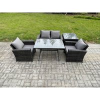 Fimous Outdoor Garden Furniture High Back Rattan Sofa Dining Table Set with Side Table Dark Grey Mixed