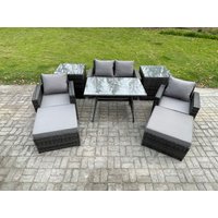 Fimous Rattan Wicker Garden Furniture 6 Seater Patio Conservatory Sofa Set with Rectangular Dining Table Armchair in Dark Grey