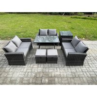 Fimous 7 PCS Outdoor Lounge Sofa Set Wicker PE Rattan Garden Furniture Set with Rectangular Dining Table Love Seat Sofa in Dark Grey