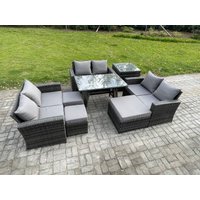 Fimous Outdoor Lounge Sofa Set Wicker PE Rattan Garden Furniture Set with Rectangular Dining Table 2 Seat Sofa Side Table in Dark Grey