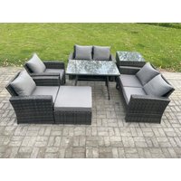 Fimous Rattan Garden Furniture Set 7 Seater Patio Outdoor Lounge Sofa Set with Rectangular Dining Table Love Seat Sofa in Dark Grey